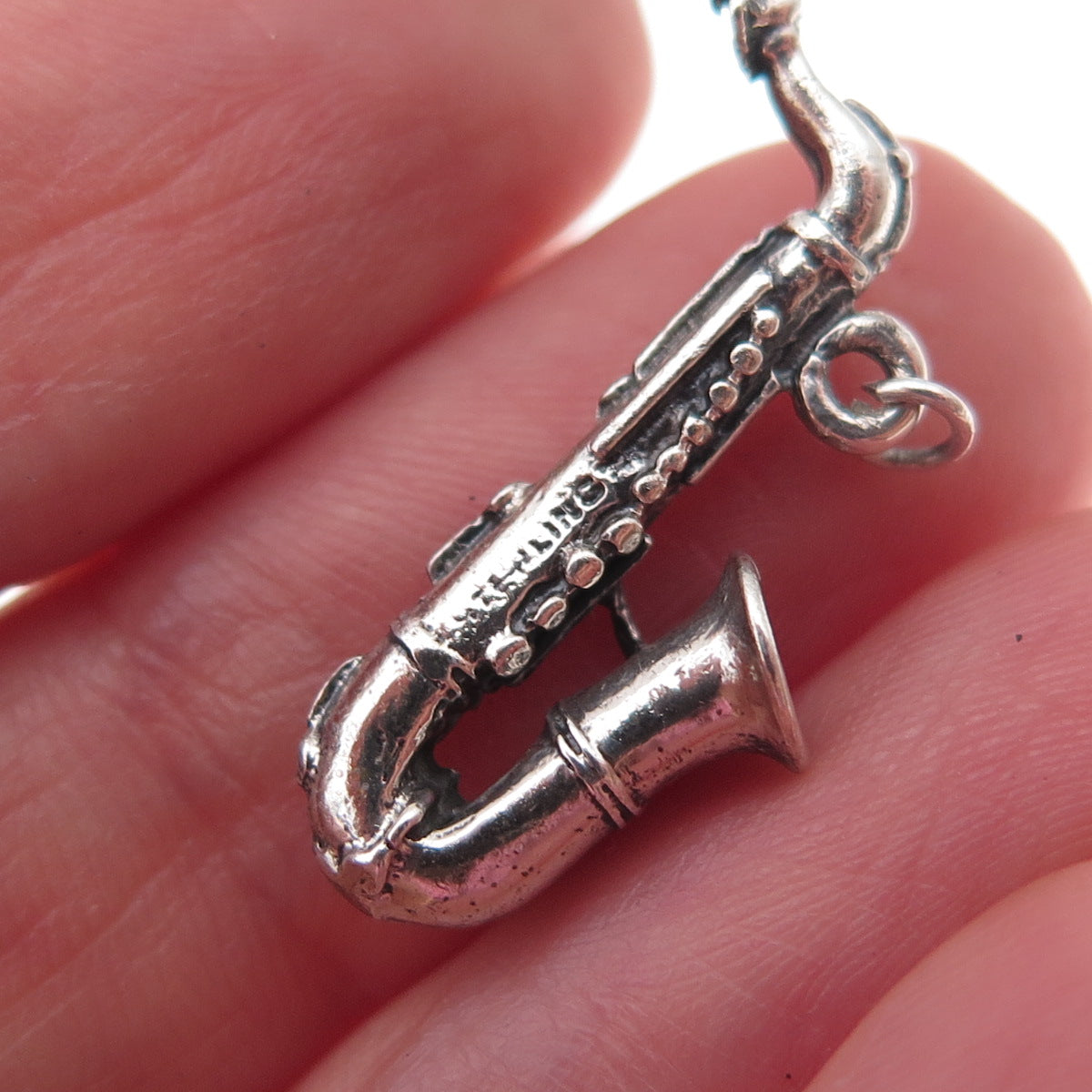 925 Sterling Silver Antique Art Deco Saxophone Oxidized 3D Charm Pendant