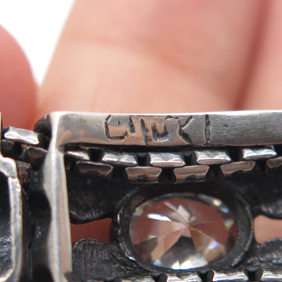 925 Sterling Silver 14K Rose Gold Vintage Real Opal & C Z Ornate Bracelet 7.75"