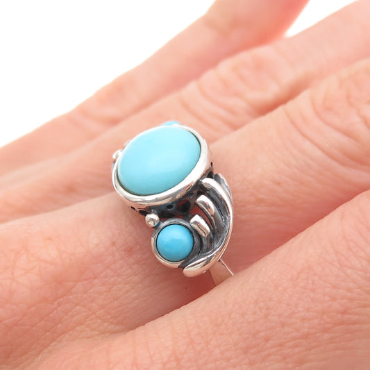 925 Sterling Silver Real Sleeping Beauty Turquoise Floral Oxidized Ring Size 8