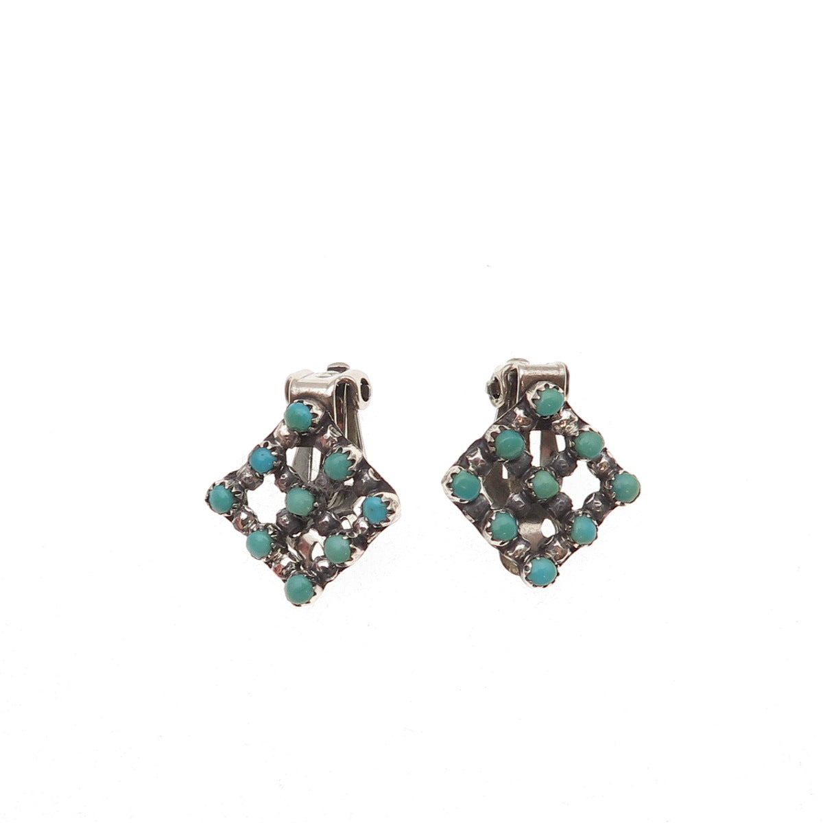 Old Pawn 925 Sterling Silver Vintage Turquoise Snake Eye Tribal Clip On Earrings