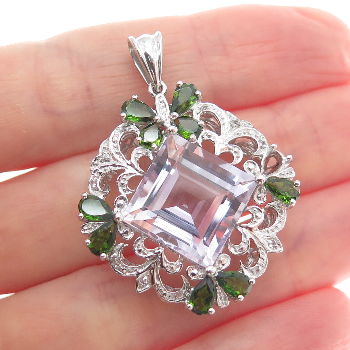 925 Sterling Silver Real Amethyst Green Tourmaline & White Topaz Pendant