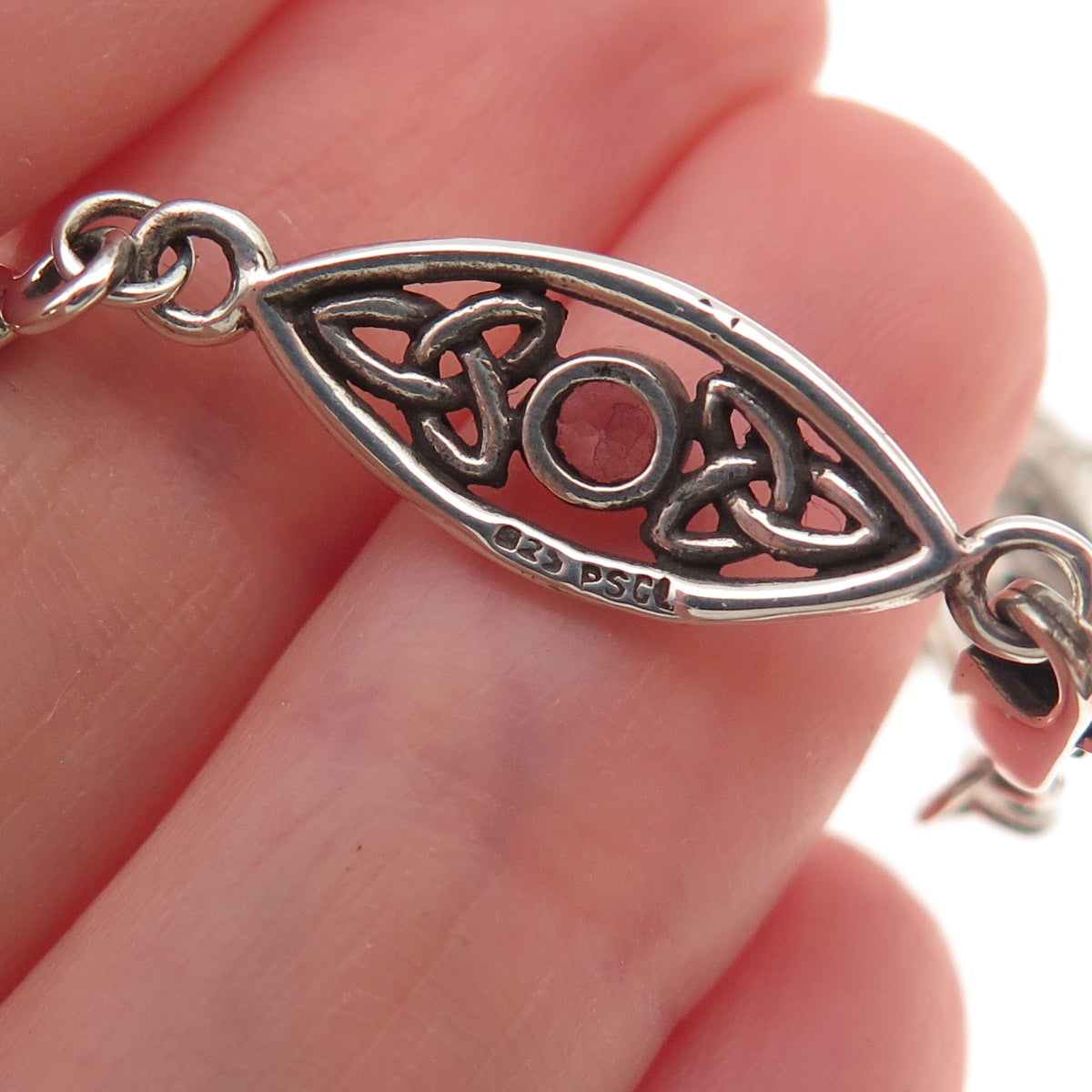 Peter Stone Sterling Silver Vintage Real Amethyst Celtic Trinity Bracelet 6.25"