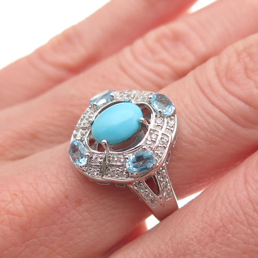 925 Sterling Silver Real Sleeping Beauty Turquoise Blue White Topaz Ring Size 8