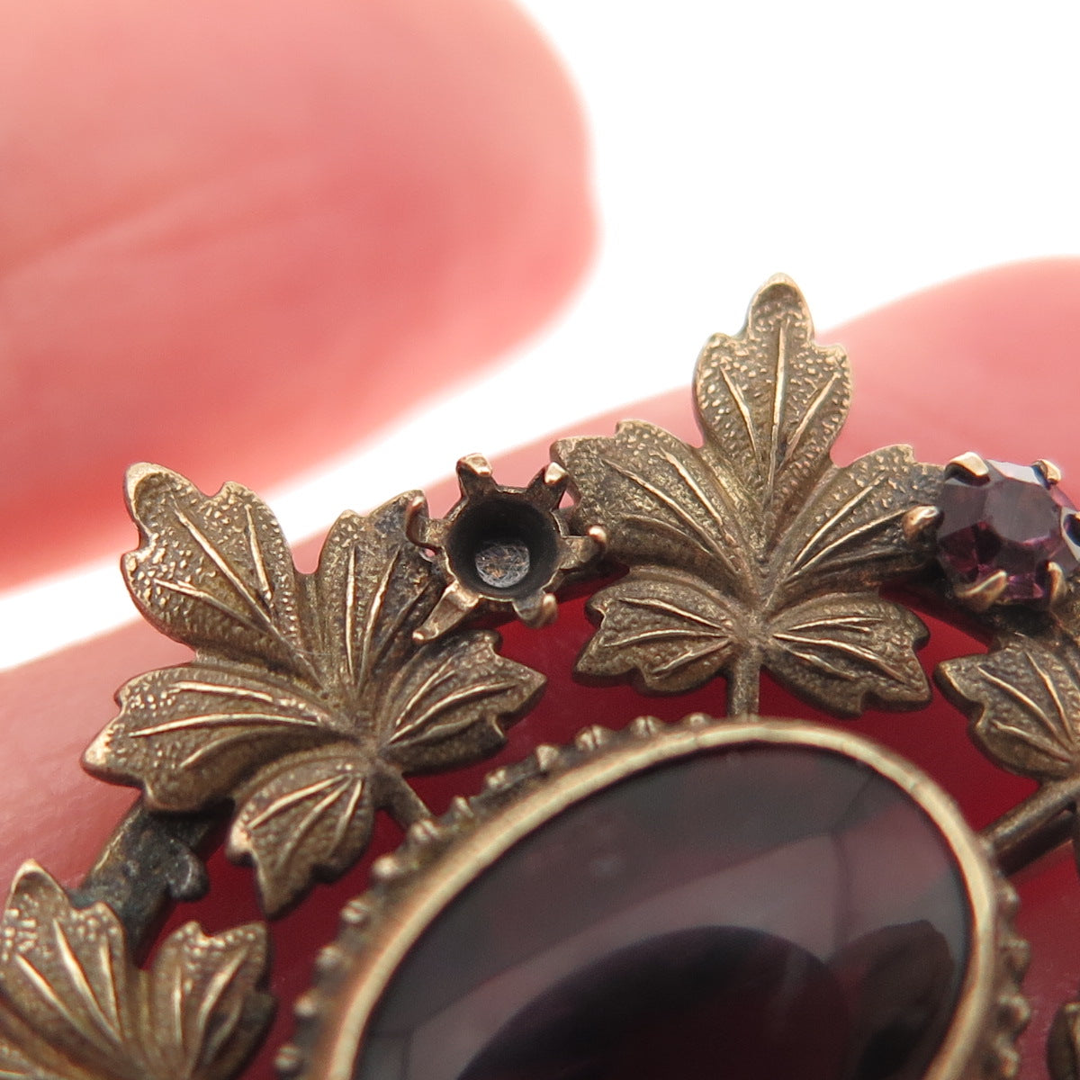 Gold Filled Antique Real Amethyst & Rhinestone Pin Brooch (missing 1 rhinestone)