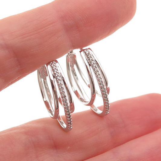 Sun 925 Sterling Silver Real Round-Cut Diamond 3-Row Hoop Earrings