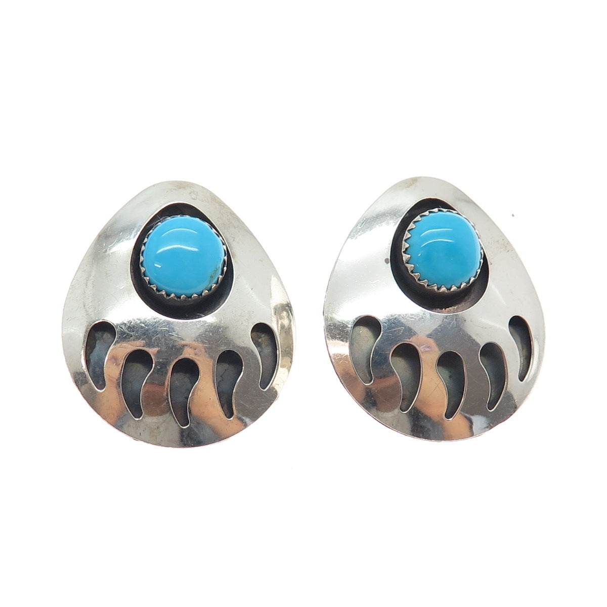 Old Pawn 925 Sterling Silver Vintage Turquoise Bear Paw Tribal Clip On Earrings