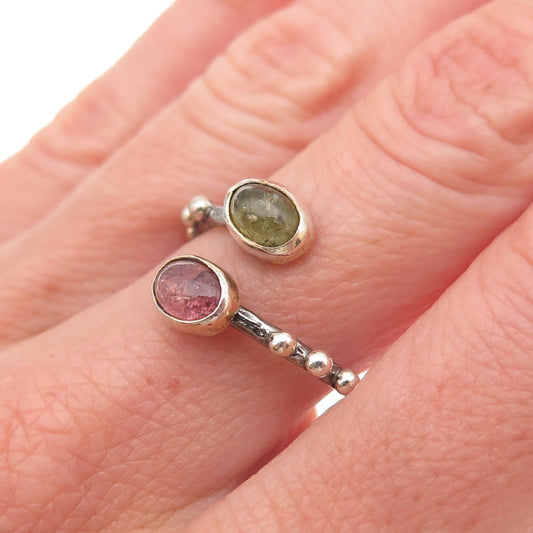 925 Sterling Silver Vintage Real Green & Pink Tourmaline Adjustable Ring Size 6