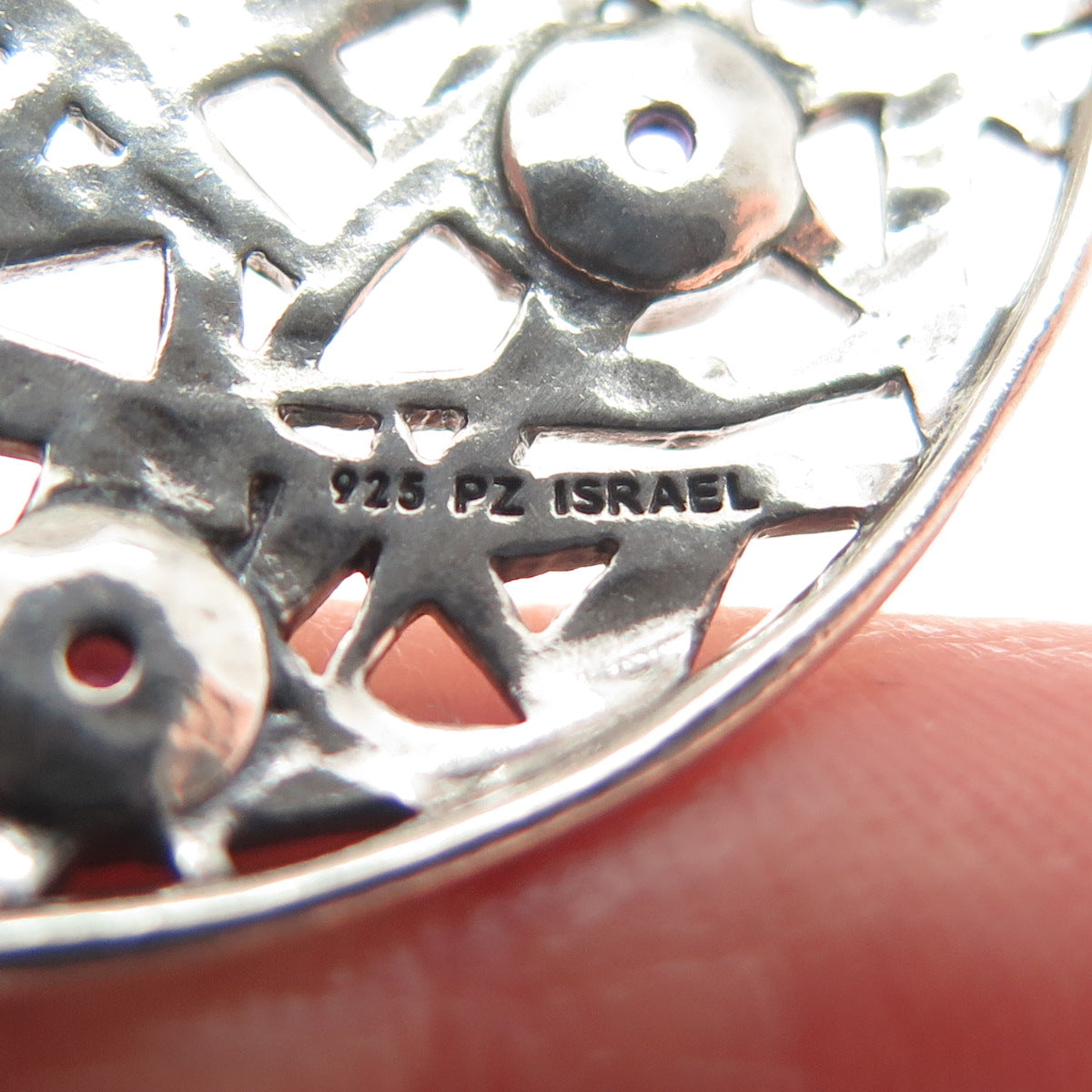 OR PAZ 925 Sterling Silver Vintage Israel Amethyst Ornate Crescent Disc Pendant