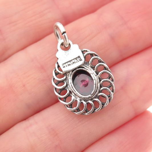 925 Sterling Silver Vintage Real Rhodolite Floral Oxidized Charm Pendant