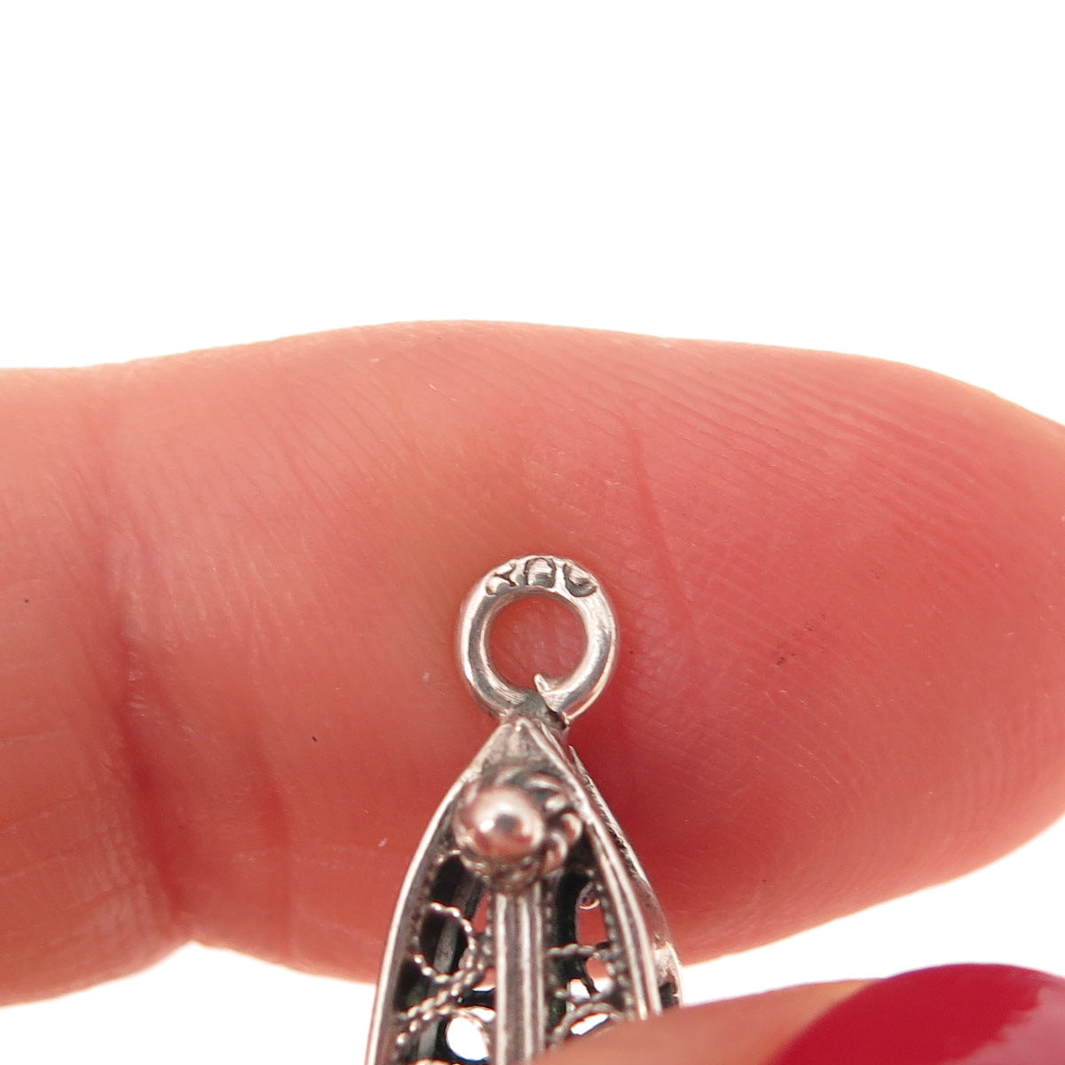 800 Silver Antique Art Deco Real Green Onyx Bell Filigree Oxidized Charm Pendant