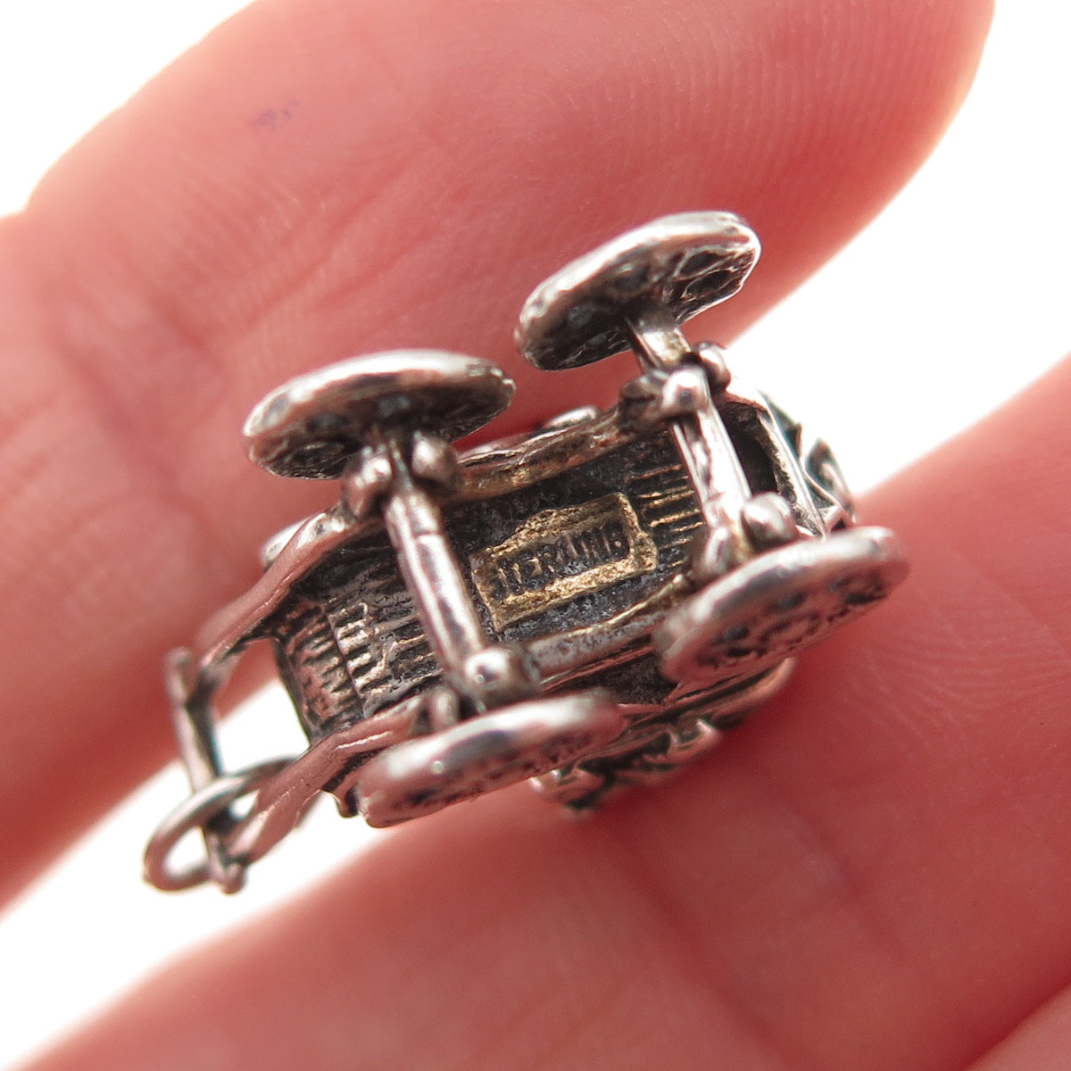 925 Sterling Silver Antique Art Deco Baby Stroller Oxidized 3D Charm Pendant