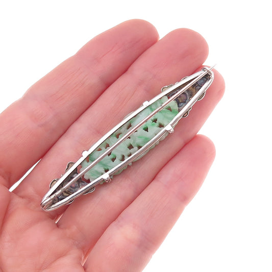 925 Sterling Silver Antique Chinese Real Carved Jade Floral Oxidized Pin Brooch