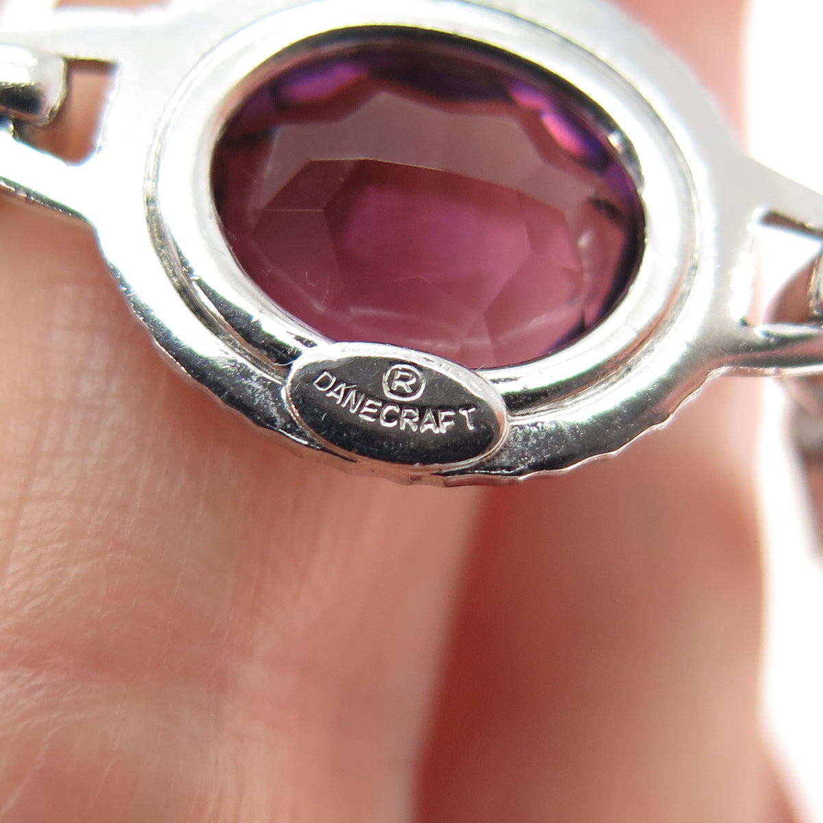 DANECRAFT 925 Sterling Silver Vintage Oval-Cut Purple Glass Bracelet 6.5"