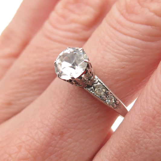925 Sterling Silver Antique Art Deco Rhinestone Engagement Ring Size 7.25
