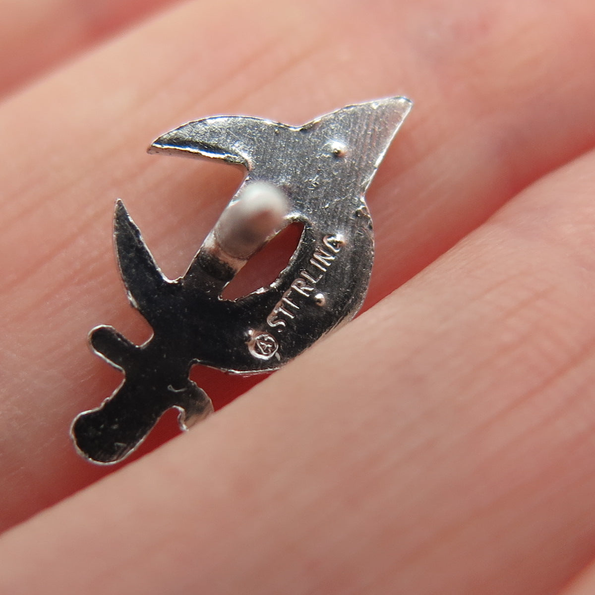 925 Sterling Silver Antique Crescent Warrior Dagger Lapel Pin (missing 6 stones)