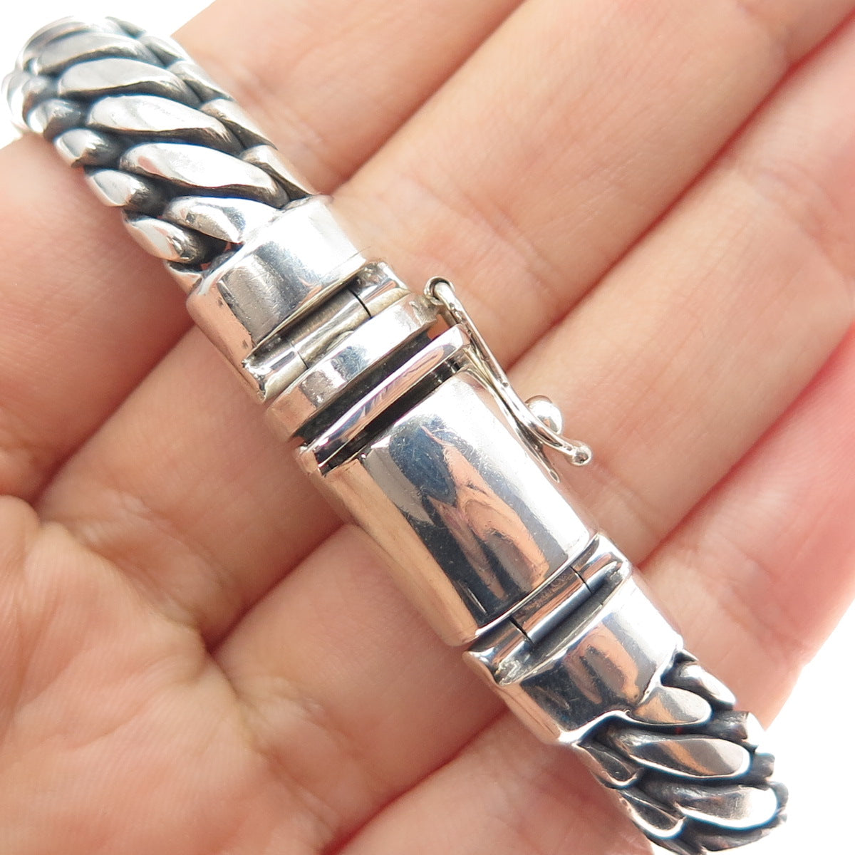 925 Sterling Silver Vintage Modernist Wicker Oxidized Link Bracelet 8.25"