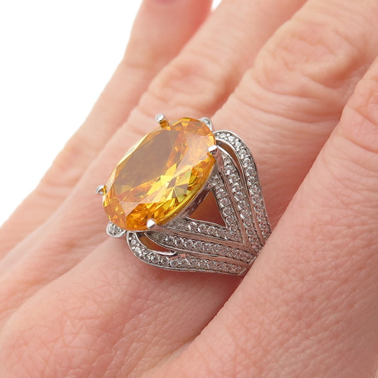 925 Sterling Silver Oval-Cut Canary & Round-Cut White C Z Ring Size 7