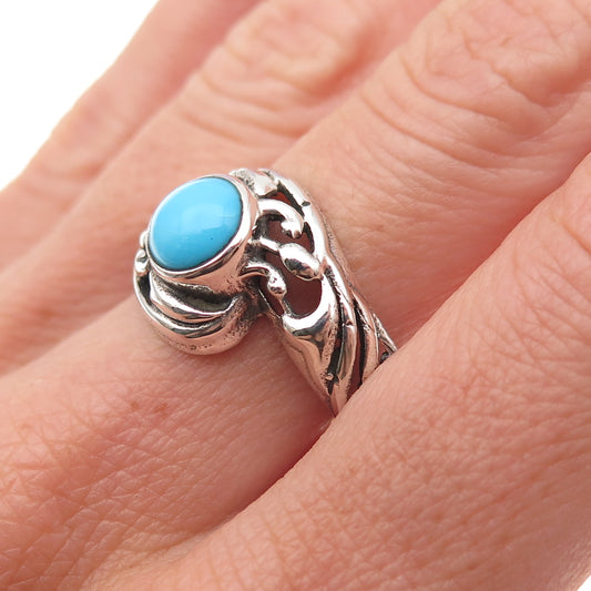 925 Sterling Silver Vintage Real Turquoise Floral Oxidized Ring Size 8.25