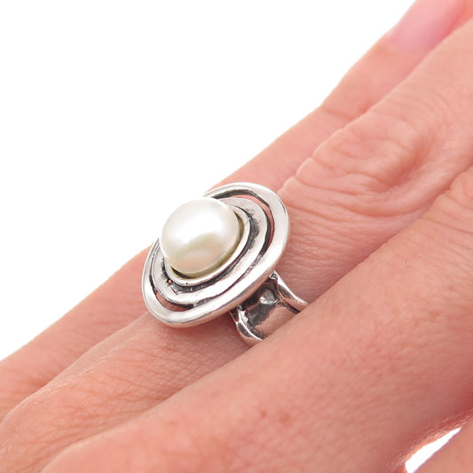 925 Sterling Silver Vintage Real Pearl Modernist Oxidized Ring Size 6