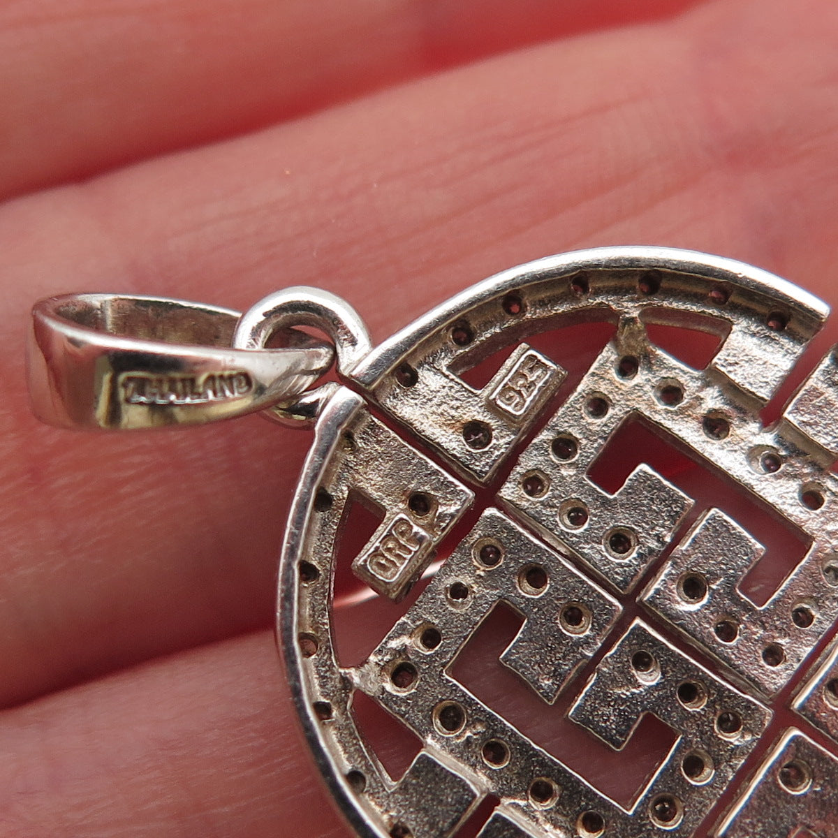 925 Sterling Silver Real Round-Cut Diamond Greek Key Charm Pendant