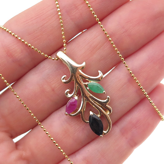 Seta Sterling Silver Gold Plated Vintage Real Sapphire Emerald Ruby Necklace 16"