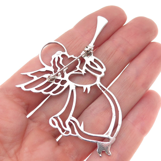 925 Sterling Silver Vintage Angel Playing Trumpet Pin Brooch