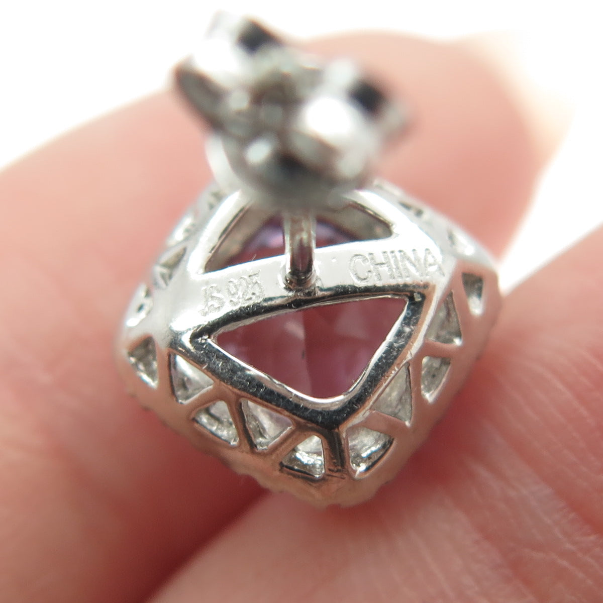 925 Sterling Silver Real Amethyst & C Z Cushion Stud Earrings