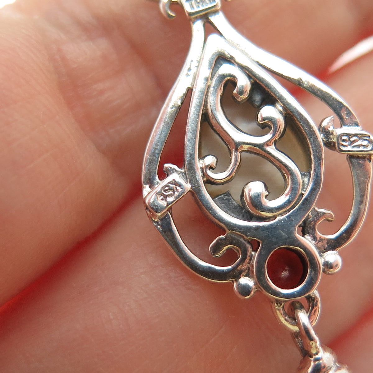 SX SALLY C Sterling Silver Vintage Real Black Onyx Red Garnet MOP Charm Pendant