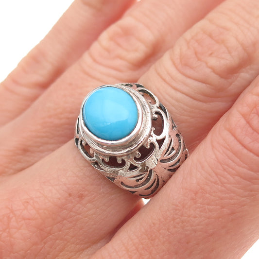 925 Sterling Silver Vintage Real Turquoise Floral Oxidized Ring Size 6.25
