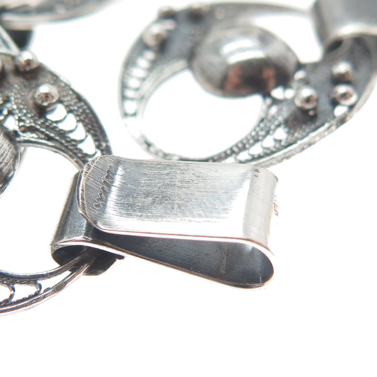 925 Sterling Silver Antique Art Deco Filigree Beaded Oxidized Link Bracelet 7.5"