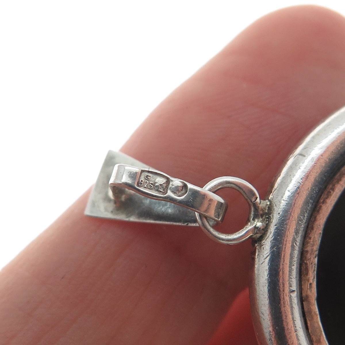 925 Sterling Silver Vintage Poland Black Bakelite Gemstone Large Pendant