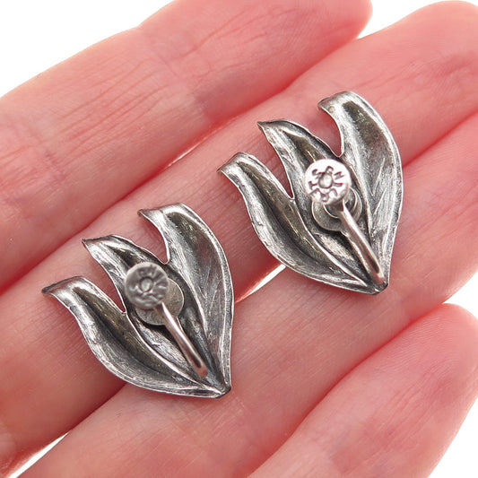 925 Sterling Silver Antique Art Deco Floral Oxidized Screw Back Earrings