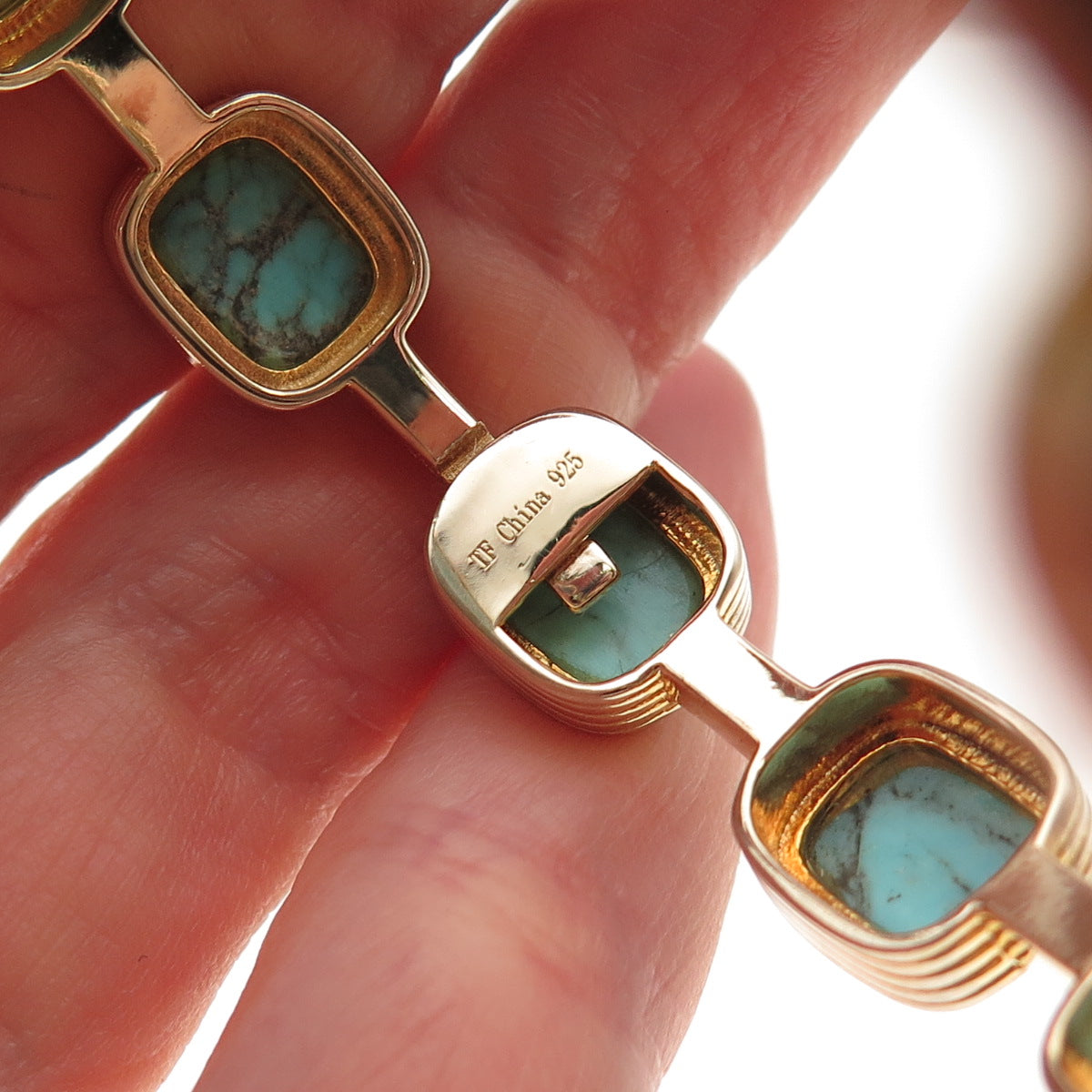 925 Sterling Silver Gold Plated Real Tyrone Turquoise Station Bangle Bracelet 8"