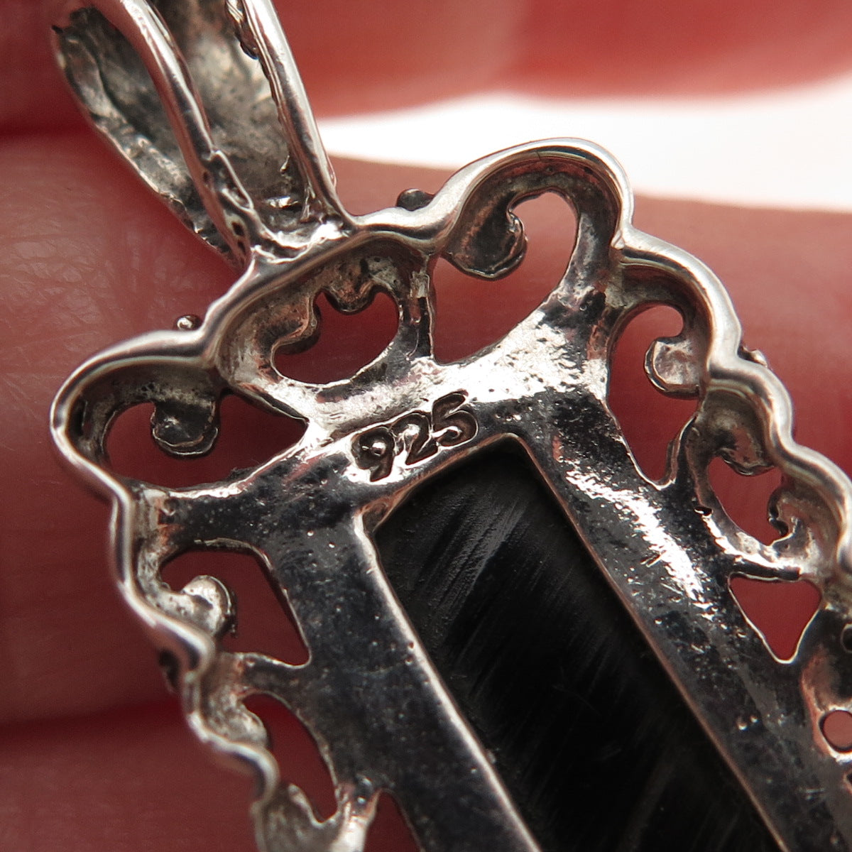 925 Sterling Silver Vintage Real Black Onyx Ornate Oxidized Pendant