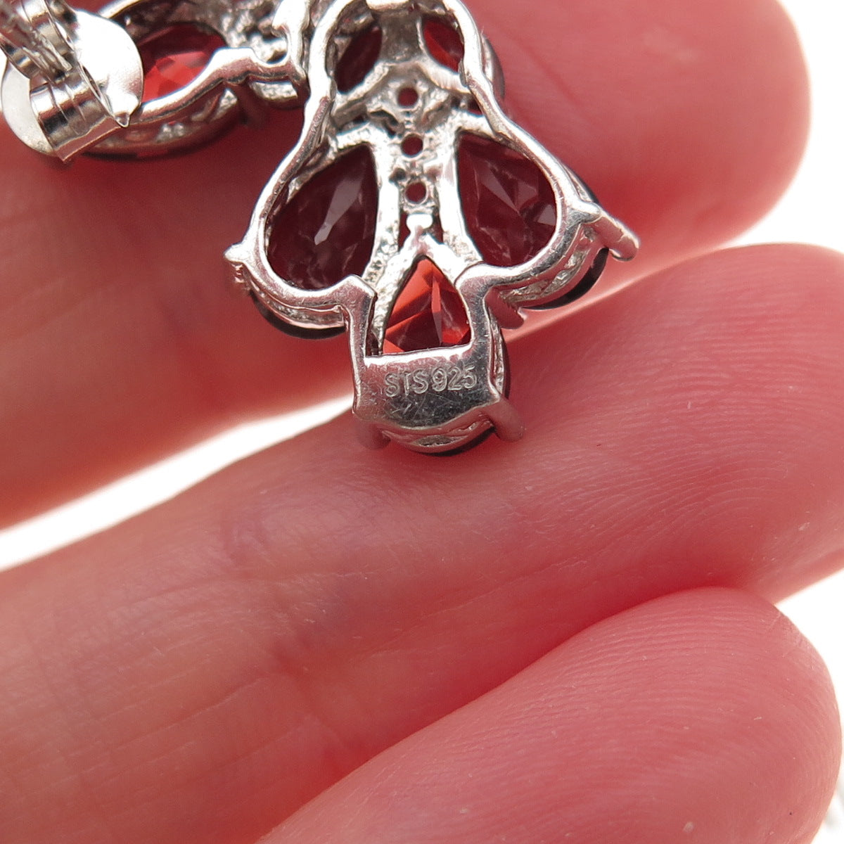 Chuck Clemency 925 Sterling Silver Real Red Garnet & White Topaz Dangle Earrings