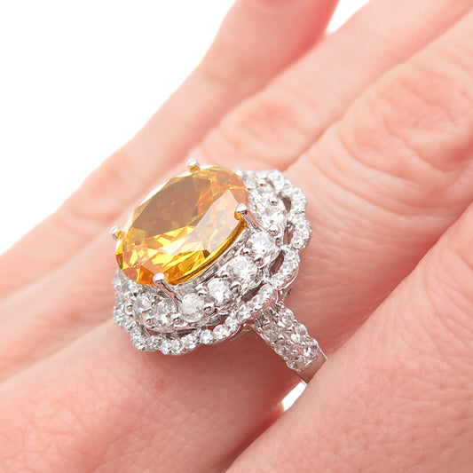 925 Sterling Silver Oval-Cut Canary & Round-Cut White C Z Ring Size 7.5