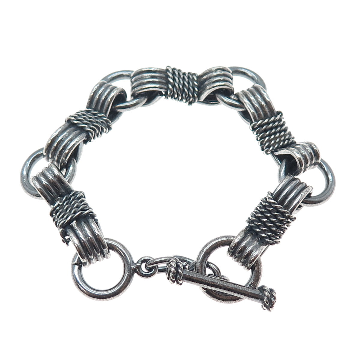 925 Sterling Silver Vintage Roped Bow Link Heavy 81.3g Oxidized Bracelet 7.75"