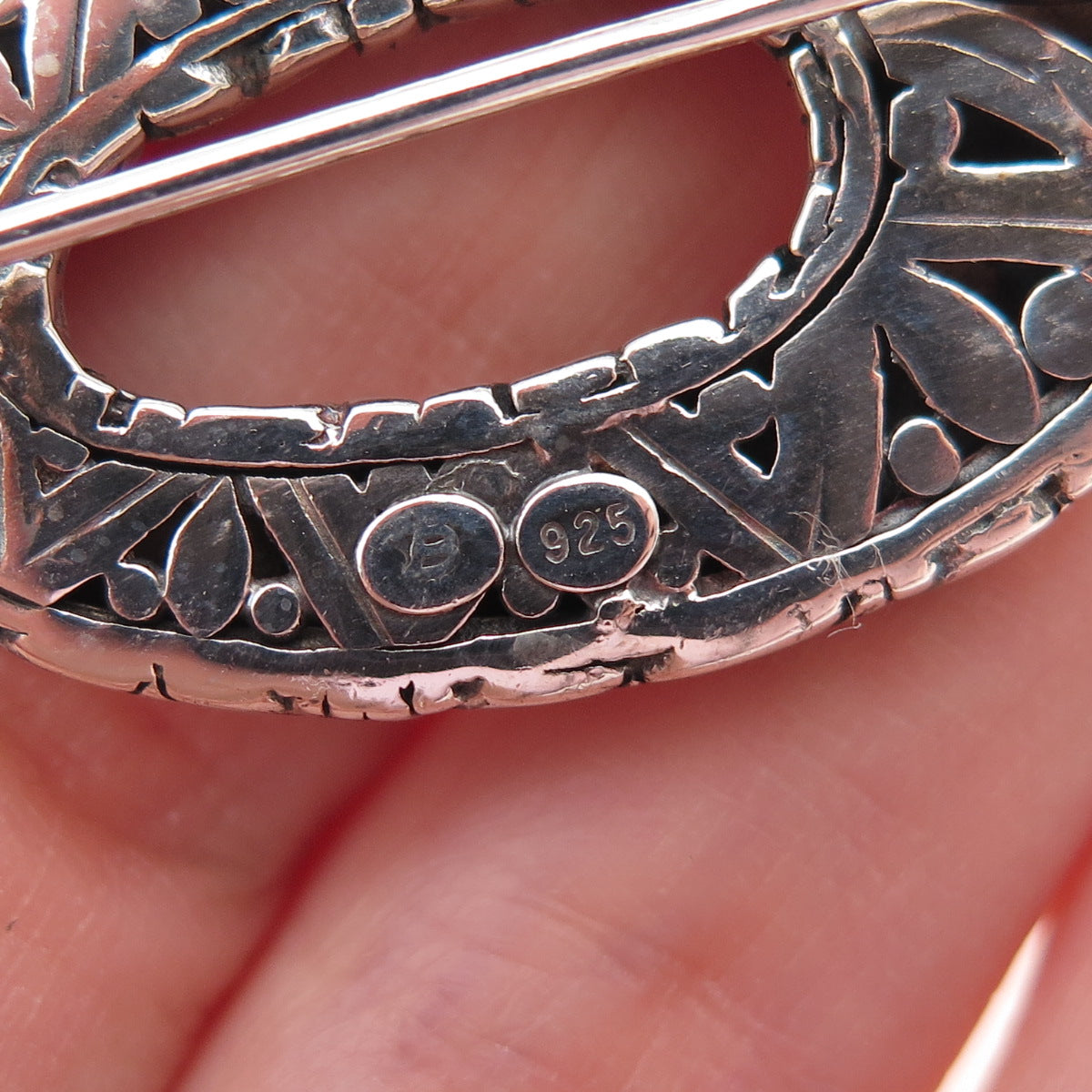 925 Sterling Silver Vintage Modernist Floral Oxidized Pin Brooch