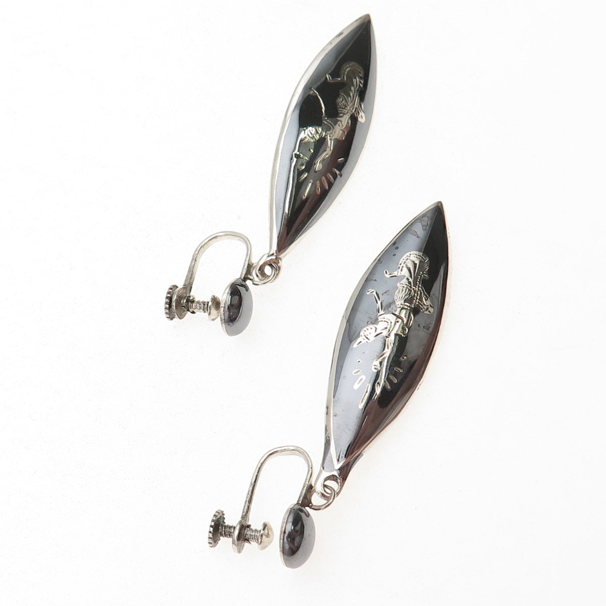 925 Sterling Silver Antique Art Deco Niello Hindu Goddess Screw Back Earrings