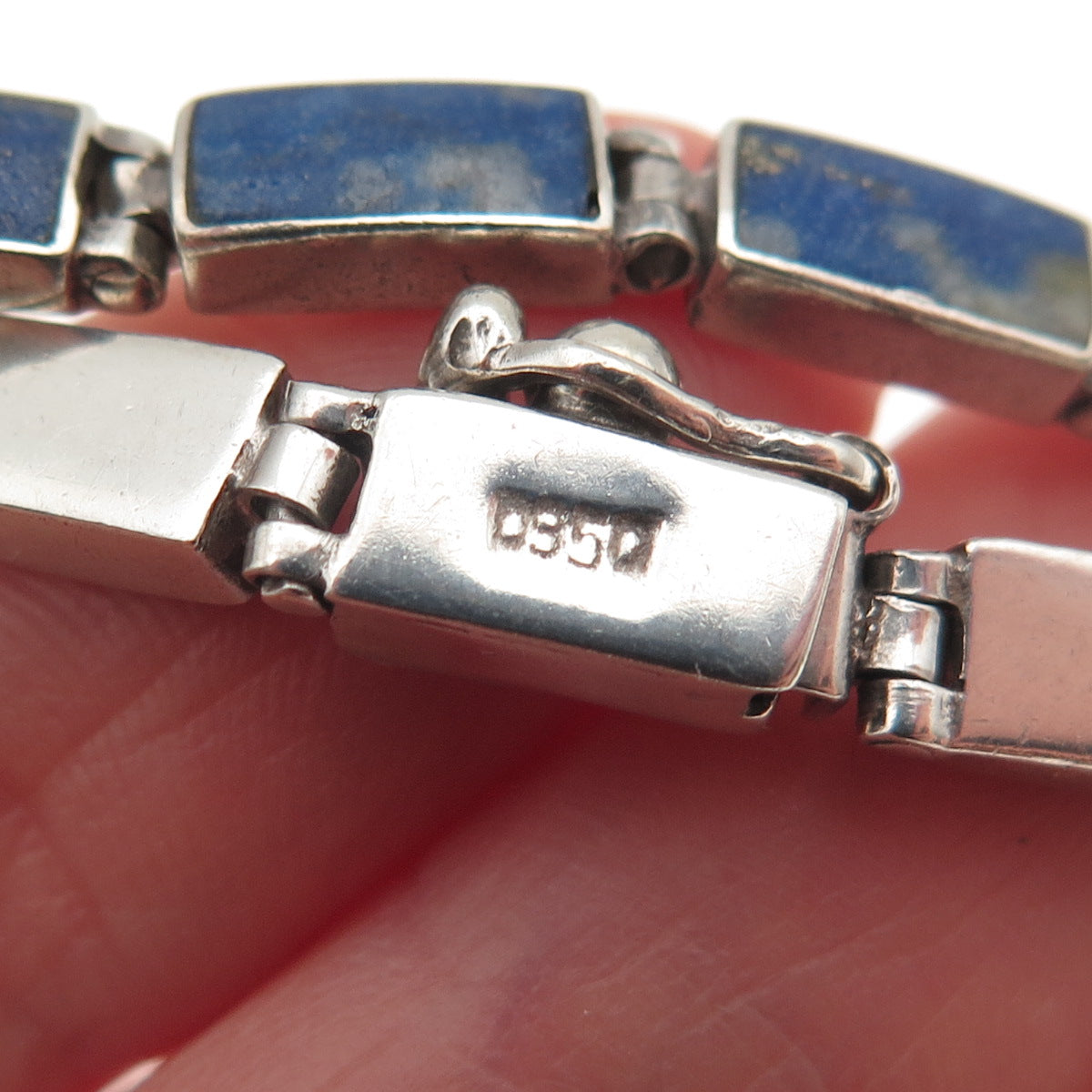 950 Silver Vintage Real Lapis Lazuli Bar Panel Link Bracelet 7"