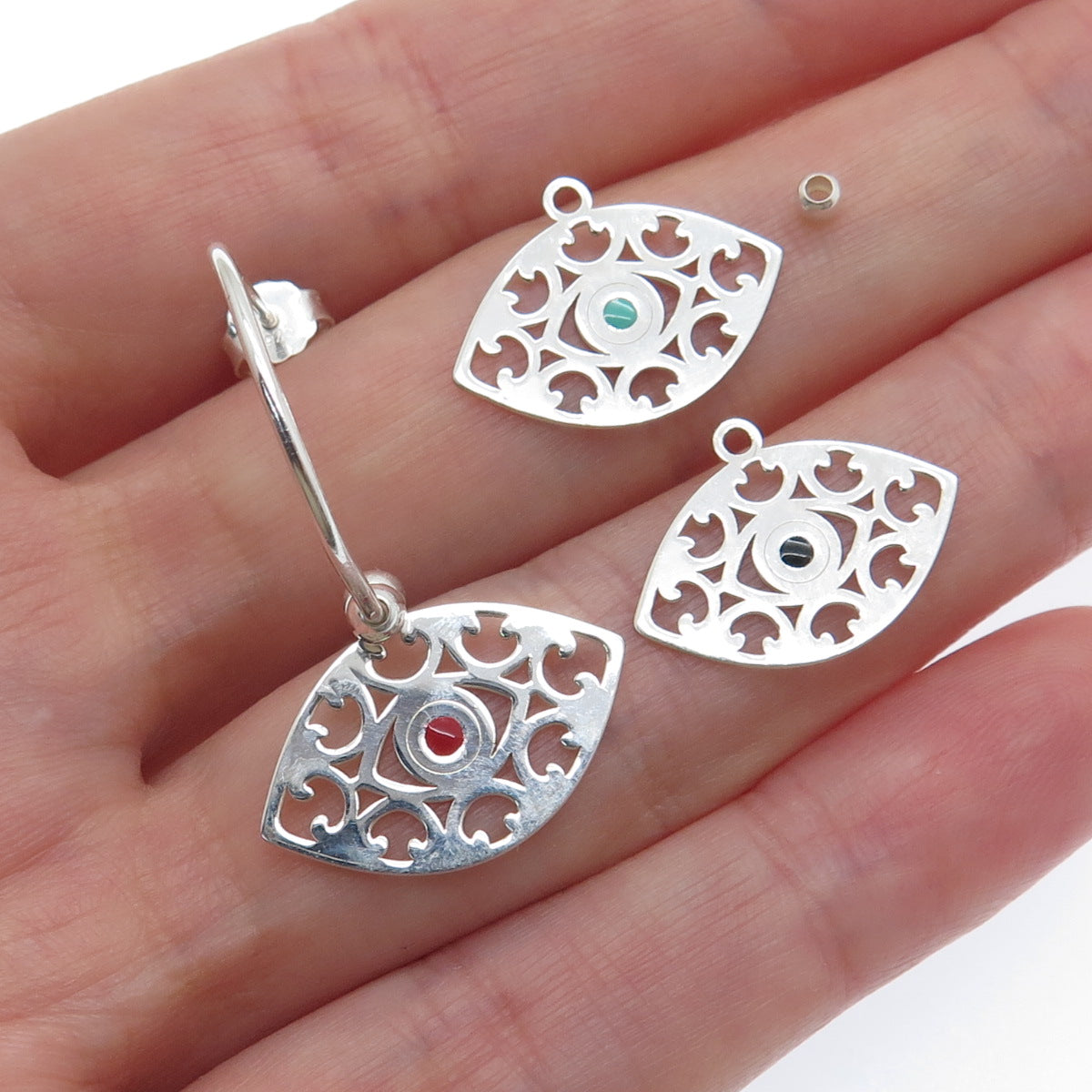 925 Sterling Silver Enamel Evil's Eye Amulet Interchangeable Charm Hoop Earrings