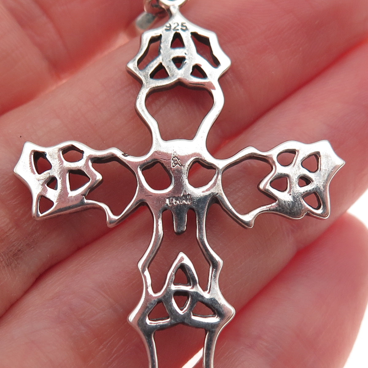 925 Sterling Silver Vintage Faith Abounds Trinity Cross Oxidized Charm Pendant