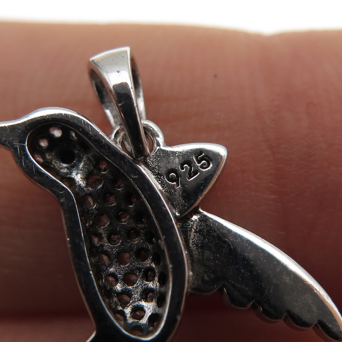 925 Sterling Silver Enamel Real Blue Topaz Black & White C Z Hummingbird Pendant