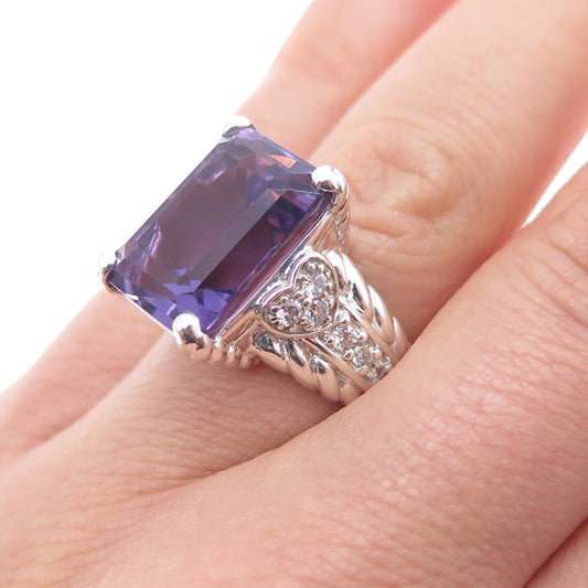 JUDITH RIPKA 925 Sterling Silver Real Emerald-Cut Amethyst & C Z Ring Size 6.25