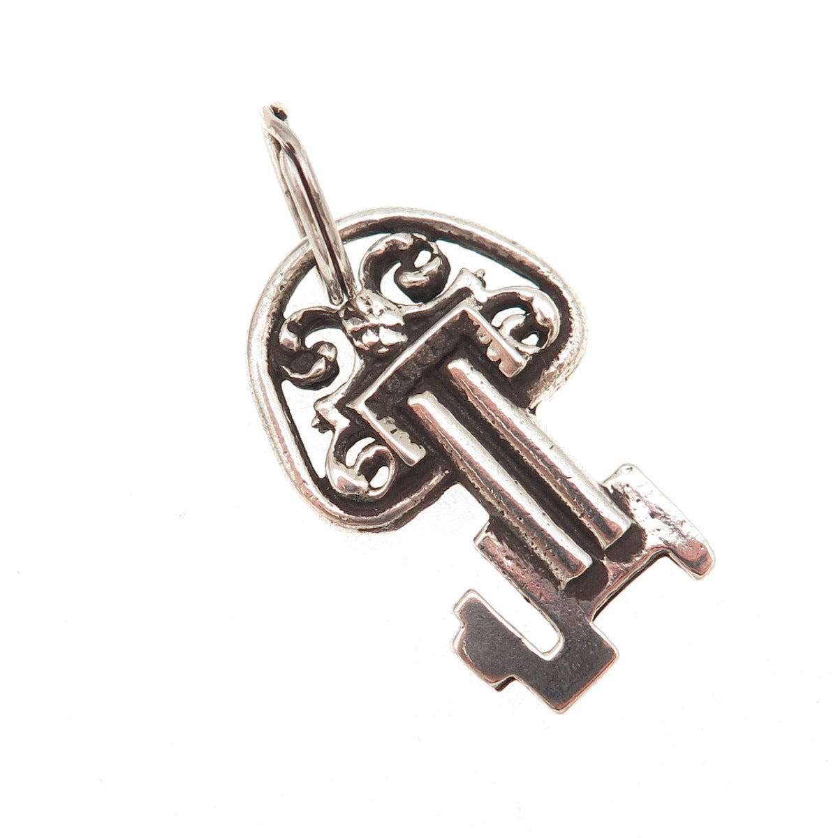 925 Sterling Silver Antique Art Deco Floral Key Oxidized Charm Pendant