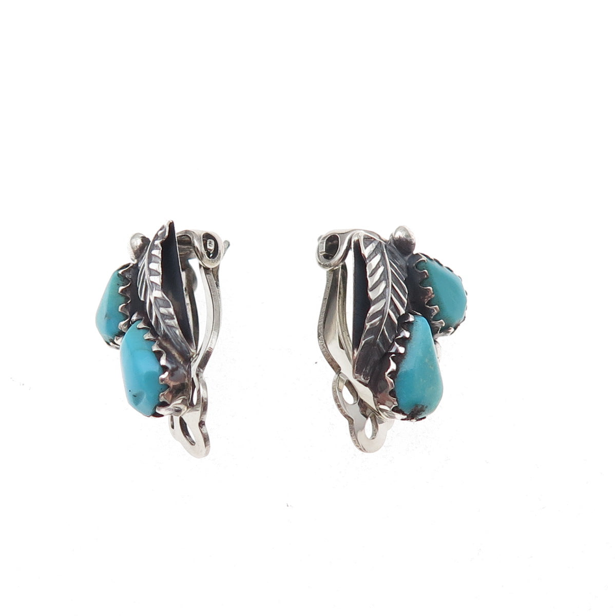 Old Pawn 925 Sterling Silver Vintage Turquoise Feather Tribal Clip On Earrings