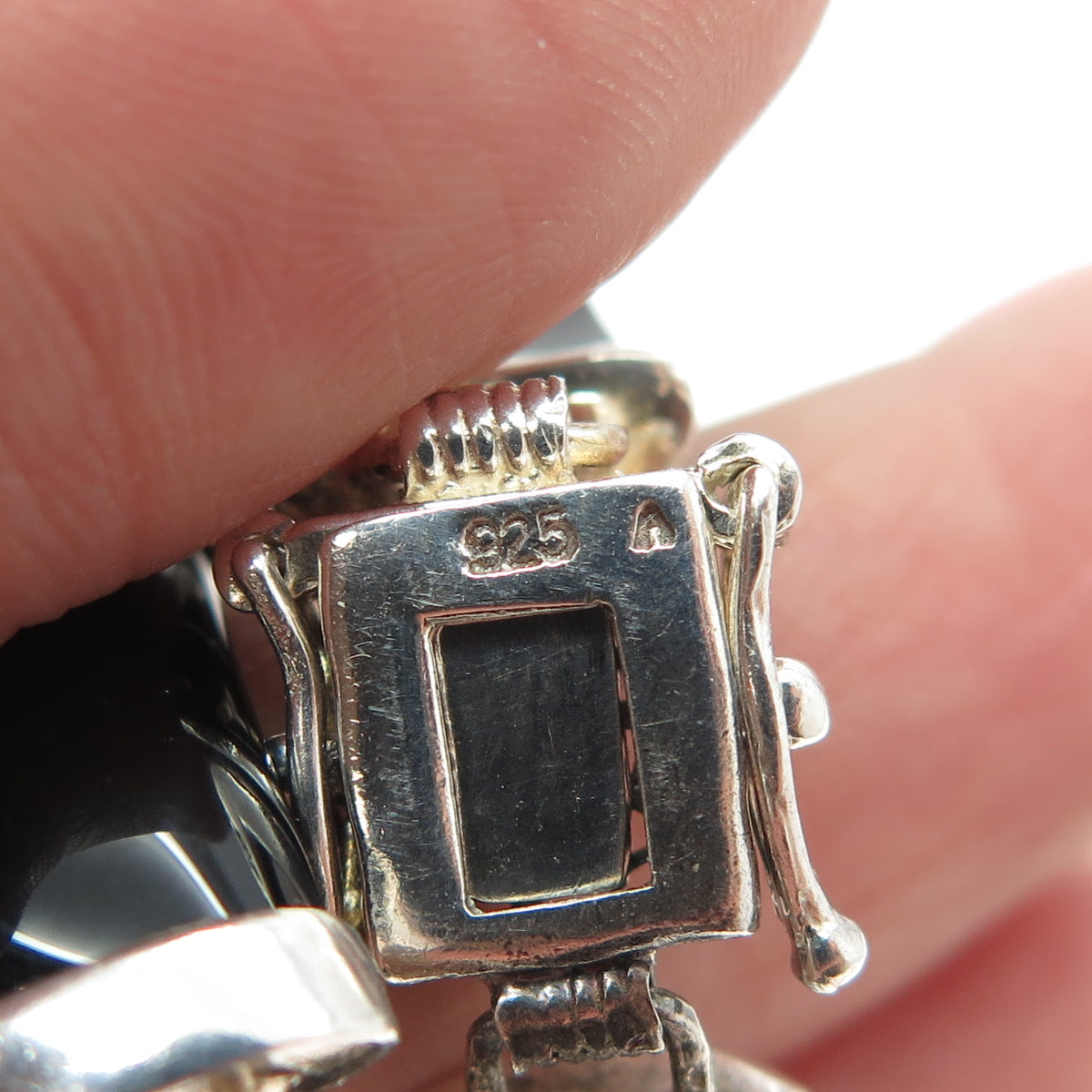 925 Sterling Silver Vintage Real Black Onyx Chinese Character Panel Bracelet 8"