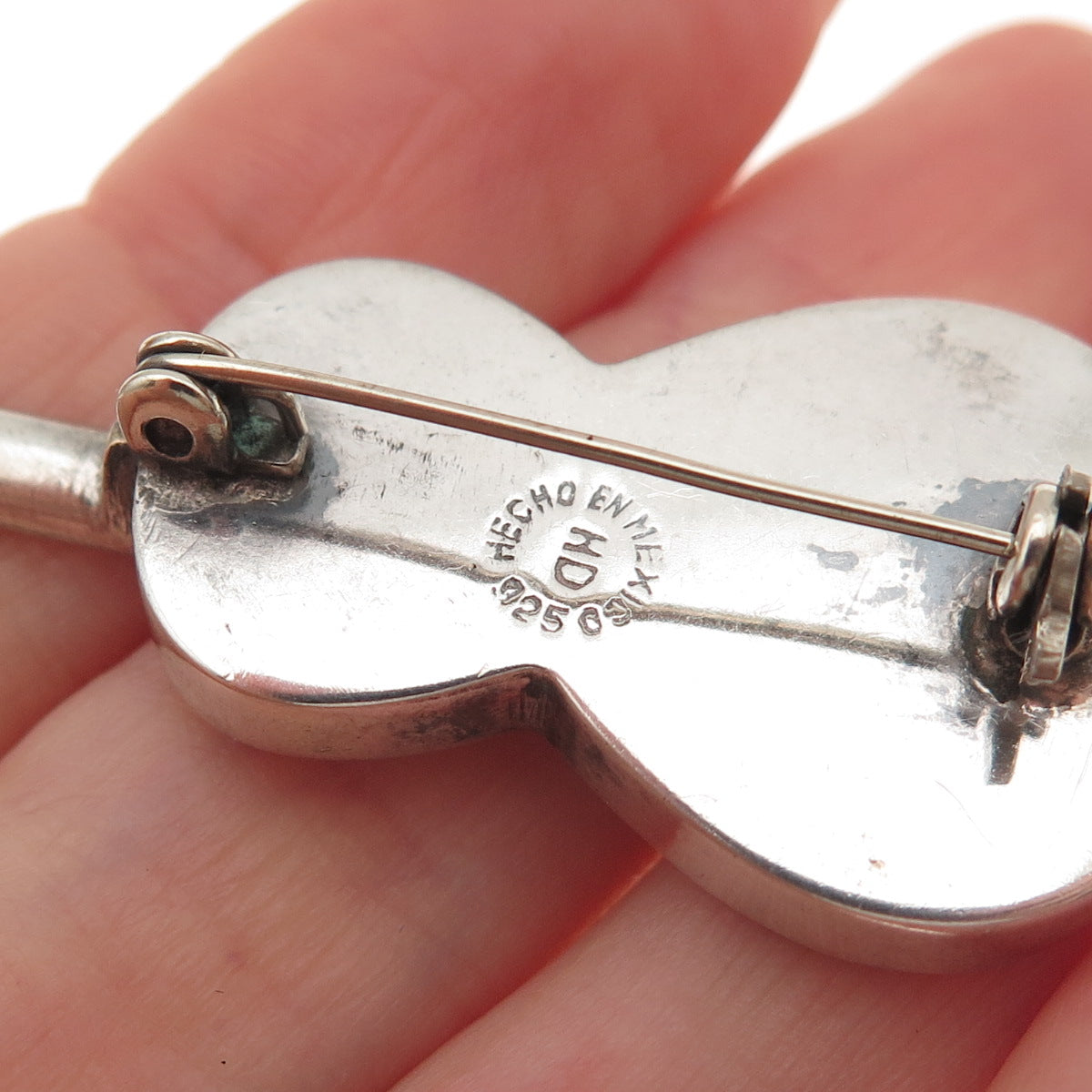 925 Sterling Silver 2-Tone Vintage Mexico Guitar Oxidized Pin Brooch