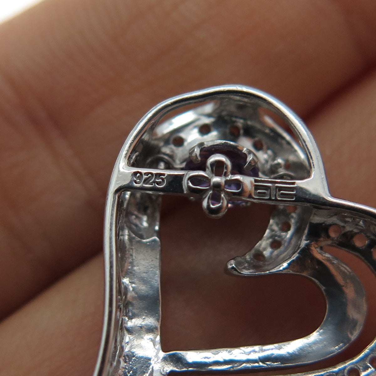 925 Sterling Silver Real Round-Cut Amethyst White Topaz Heart Mini Slide Pendant