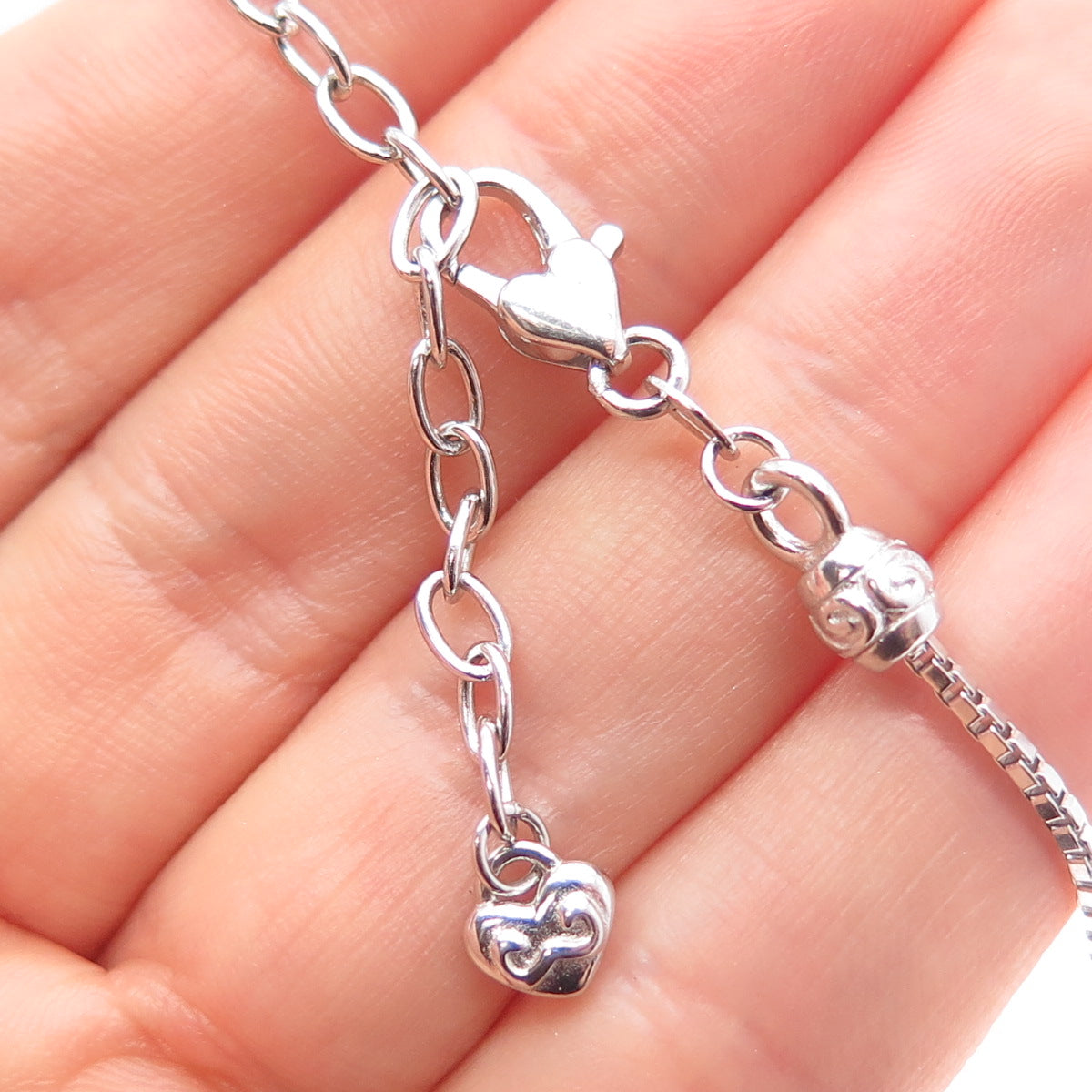 DASAN 925 Sterling Real Diamond Heart Bead By The Yard Box Chain Necklace 18-20"